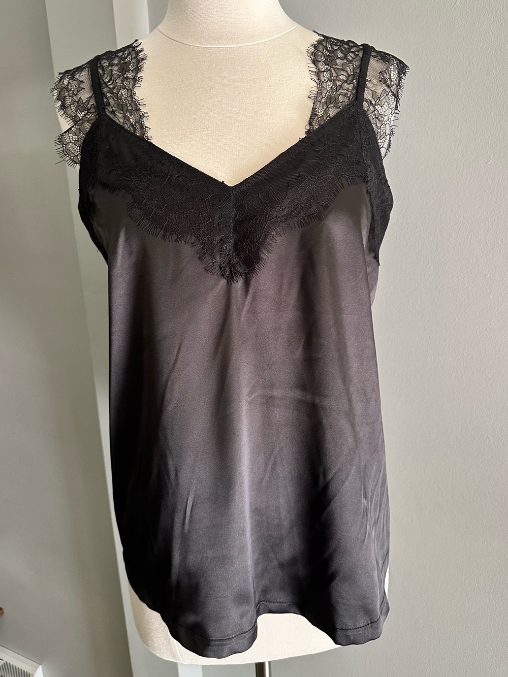 Black Lace-Trim Satin Tank Top